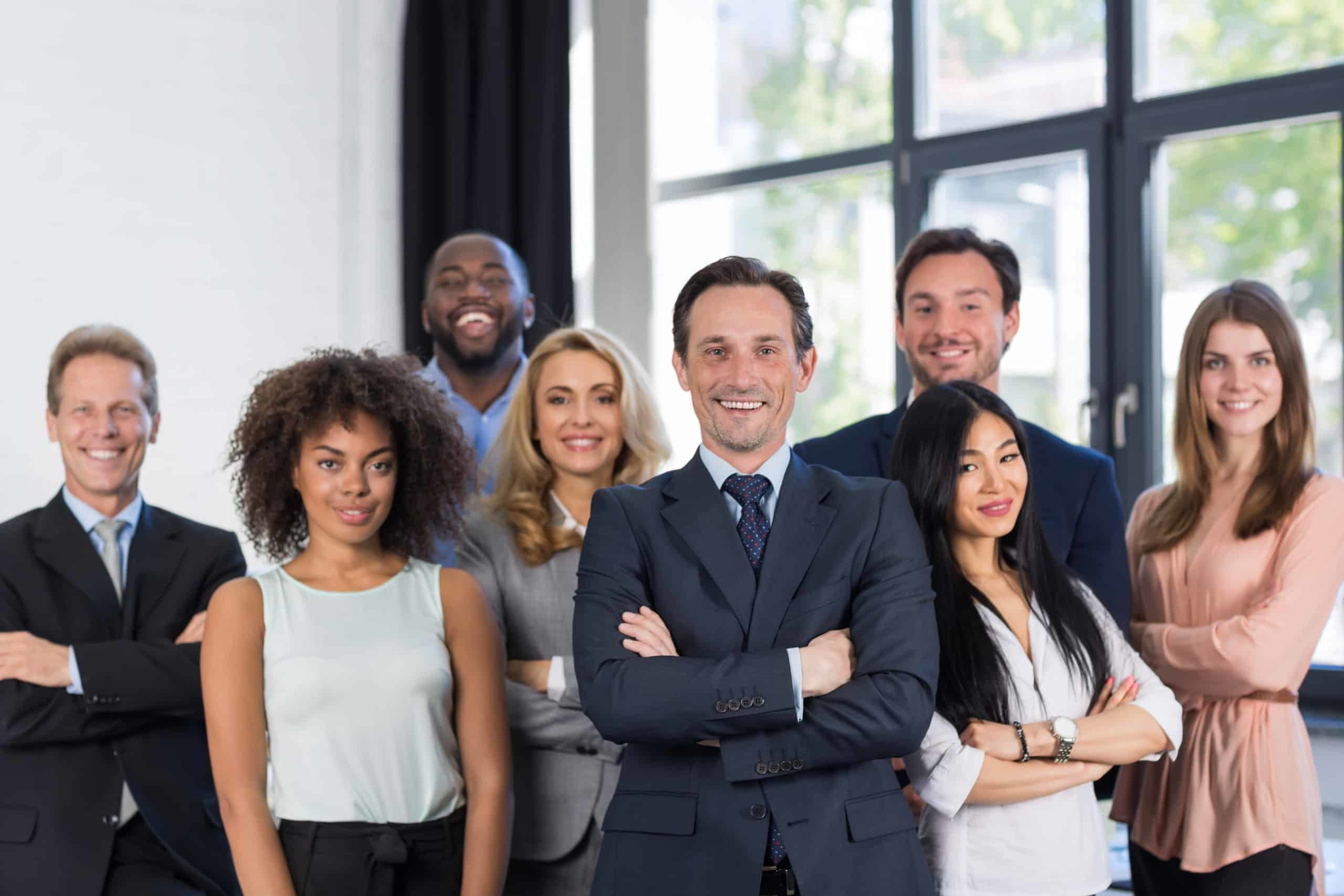 oss And Business People Group With Mature Leader On Foreground In Office, Leadership Concept, Successful Mix Race Team Of Businesspeople Wearing Suits, Professional Staff Happy Smiling